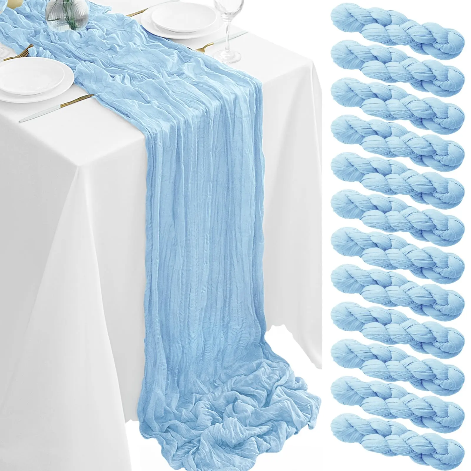 6/12 Pack Soft Rectangle Polyester Cheesecloth Table Runners, 17x108 in Semi-Sheer Boho Gauze Fabric with Pleated Look & Romantic Vibe, for Wedding Home Decor (Note: Avoid Direct Sunlight)