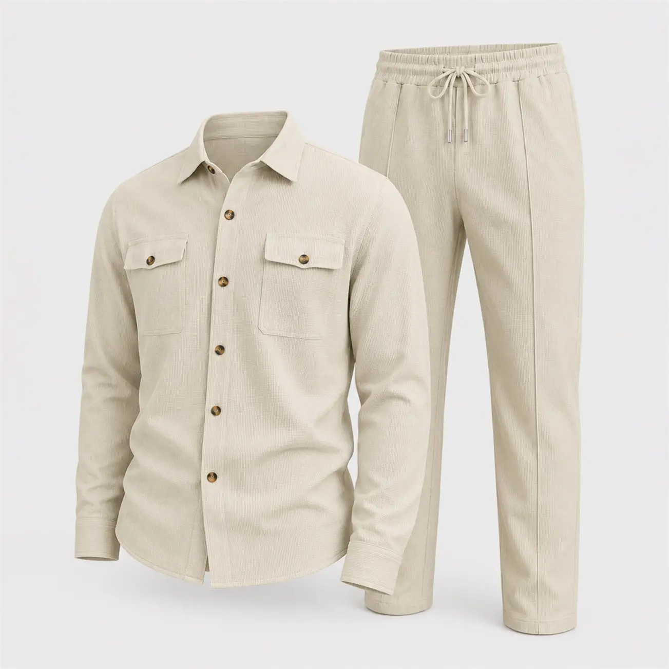 Men’s Textured Button-Up Shirt & Drawstring Pants Set, Long Sleeve Two-Pocket Casual Shirt with Straight-Leg Trousers, Two-Piece Outfit for Daily Wear, Travel & Vacation