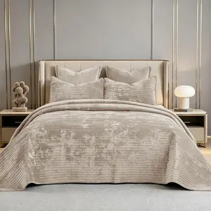 Quilt Set   Size 120x120 Luxurious  Bedding Sets with 2 Pillow Shams 20x36 3 count Ultra Soft Quilted Striped Bedspread Coverlet Comforter for  ,Beige | for