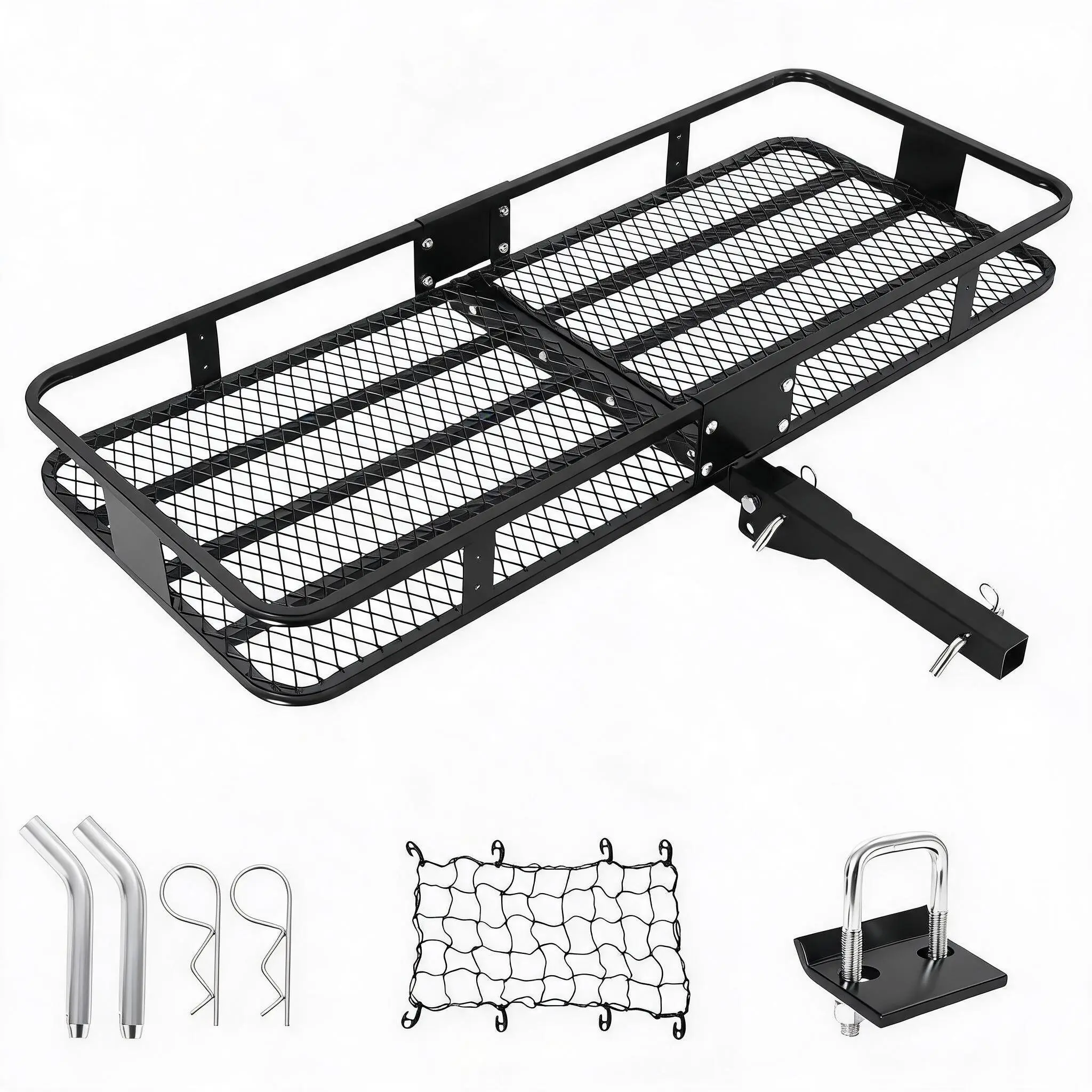 500 LB Heavy Duty Hitch Cargo Carrier, 60x24 Inch Folding Basket for 2" Receiver. Powder Coated Steel, Reflective Panels. With Net & Straps. For Camping, Travel, Luggage. Rust-Proof, Foldable Design