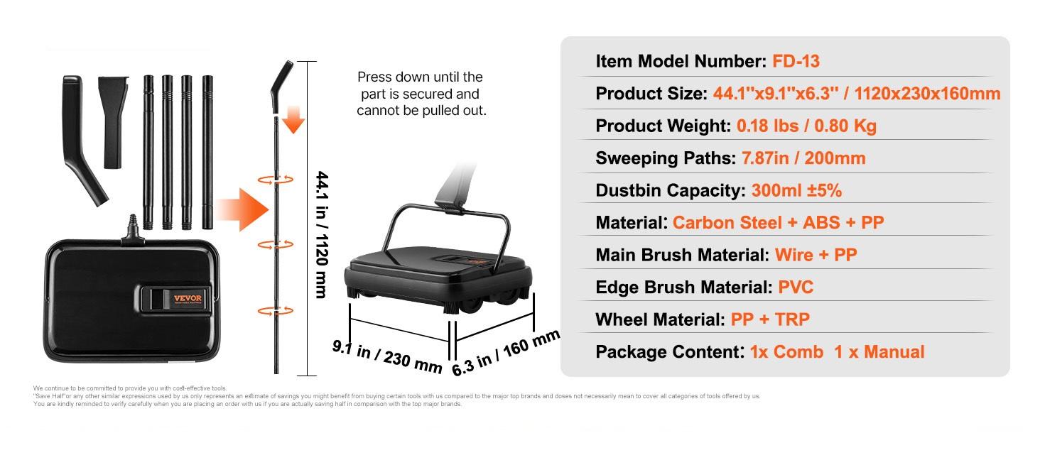 Carpet Sweeper, 7.87 in Sweeping Paths, Floor Sweeper Manual Non Electric, 300 ml Dustbin Capacity with Comb for Home Office Rugs Hardwood Surfaces Wood Floors Laminate, Cleans Dust Pet Hair