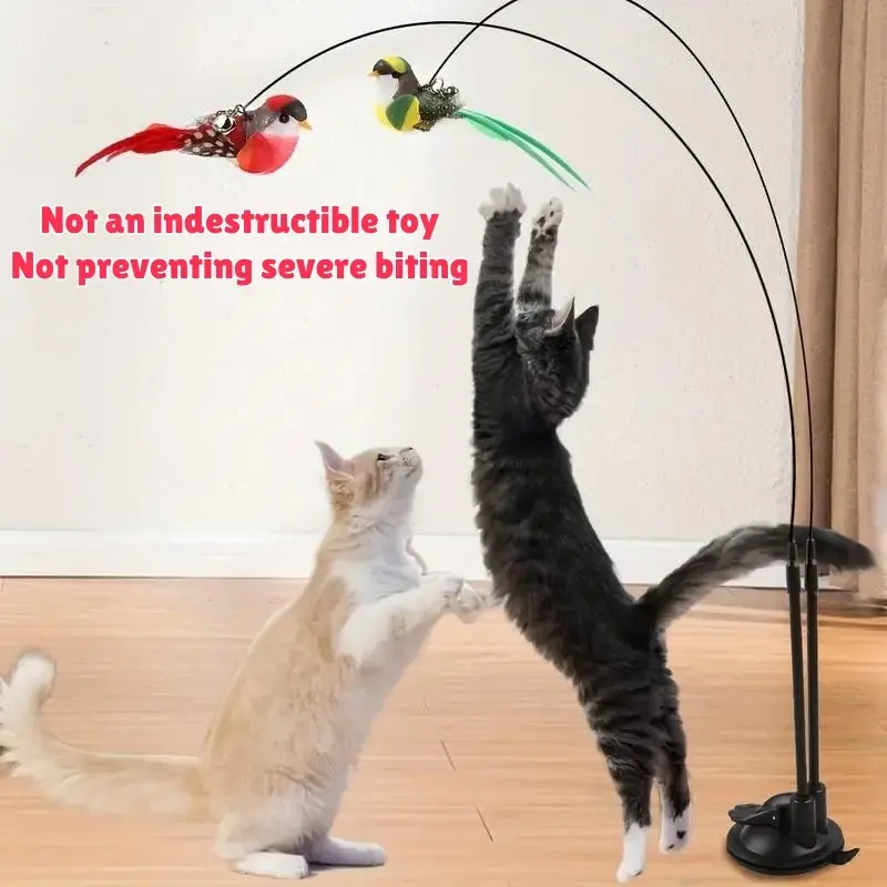 Bird-Shaped Cat Teaser Toy Set, Simulated Bird Wand with Suction Cup and Bell, Interactive Cat Toy for Home, Kitten Teasing Wand