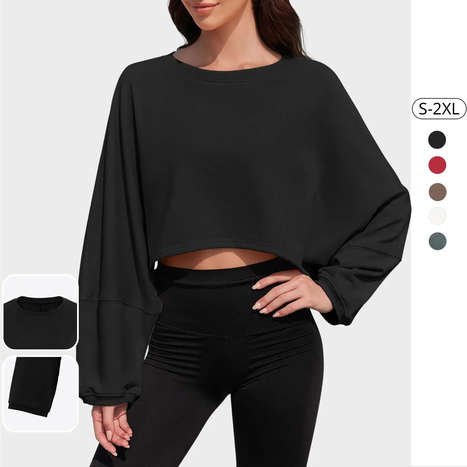 Tankaneo Womens Long Ballon Sleeve Sweatshirts Tops Cropped Crew Neck Loose Fit Casual Workout Shirts Athletic Sports Clothing