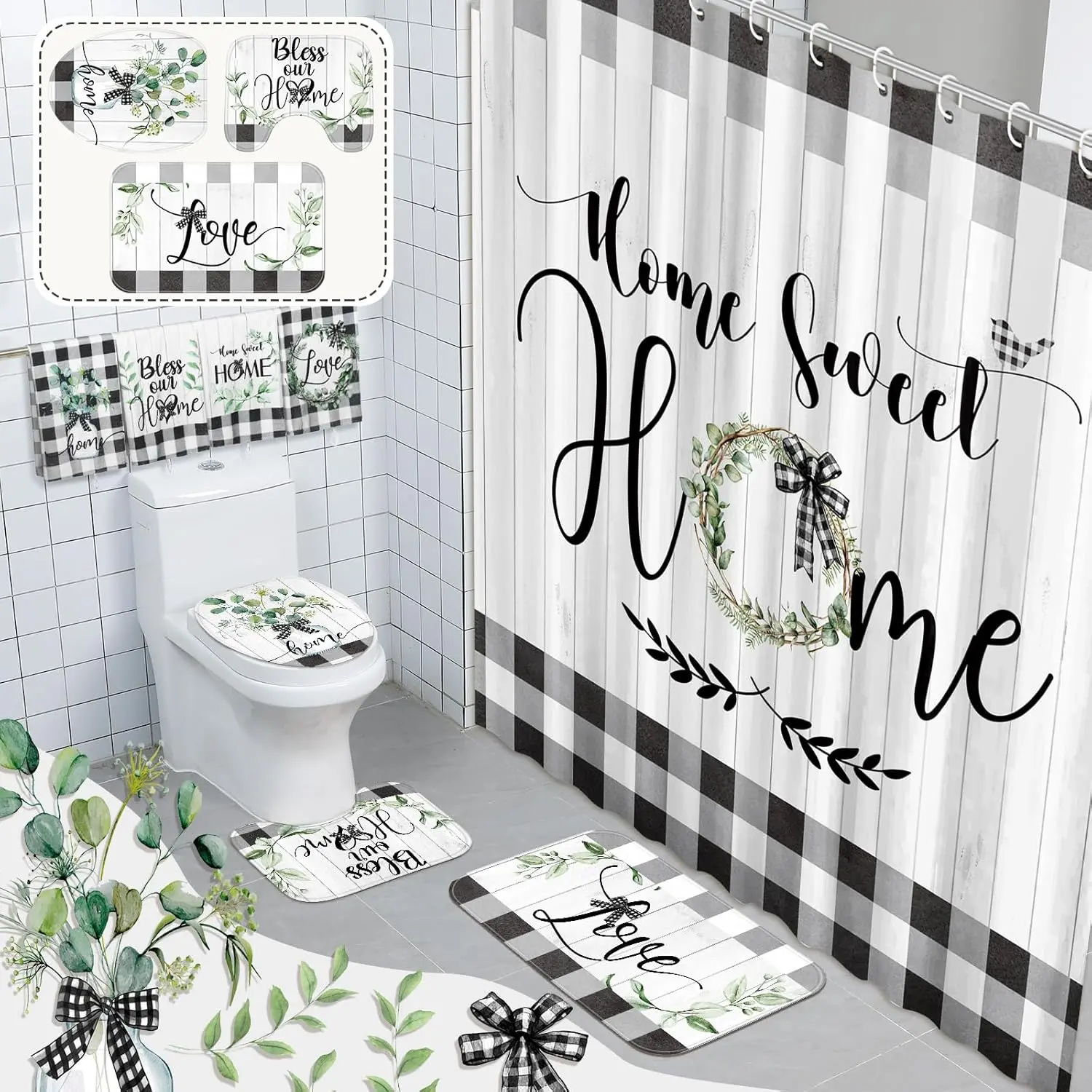 4Pcs Black and White Shower Curtain Set, Modern Farmhouse Bathroom Sets, Buffalo Plaid Bathroom Sets with Shower Curtain and Rugs, Shower Curtain with 12 Hooks