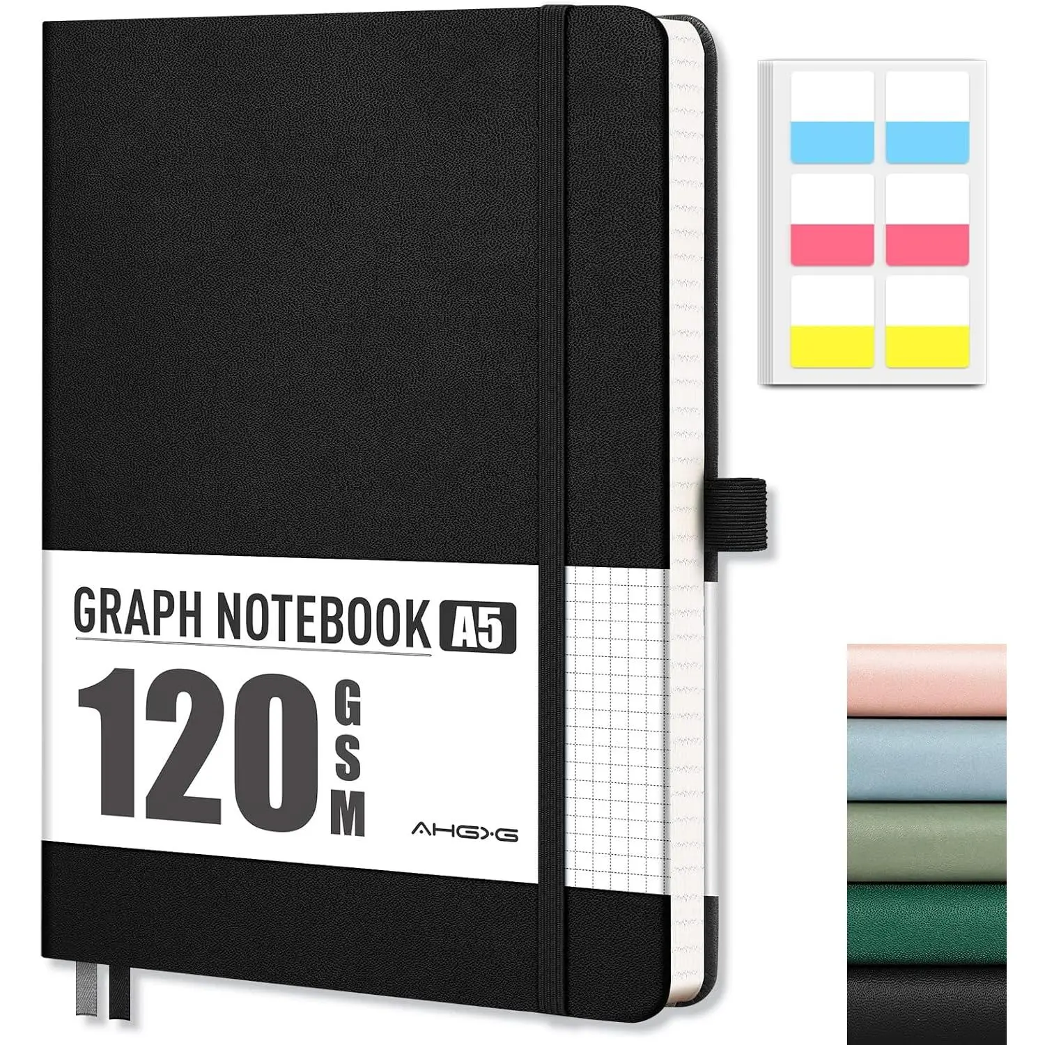 Graph Paper Notebook, 120 GSM Paper, 160 Pages, A5 (5.7'' X 8.3'') | Grid Notebook Journal, Leather Softcover, for Graphing, Writing, Math, Engineering (Black)