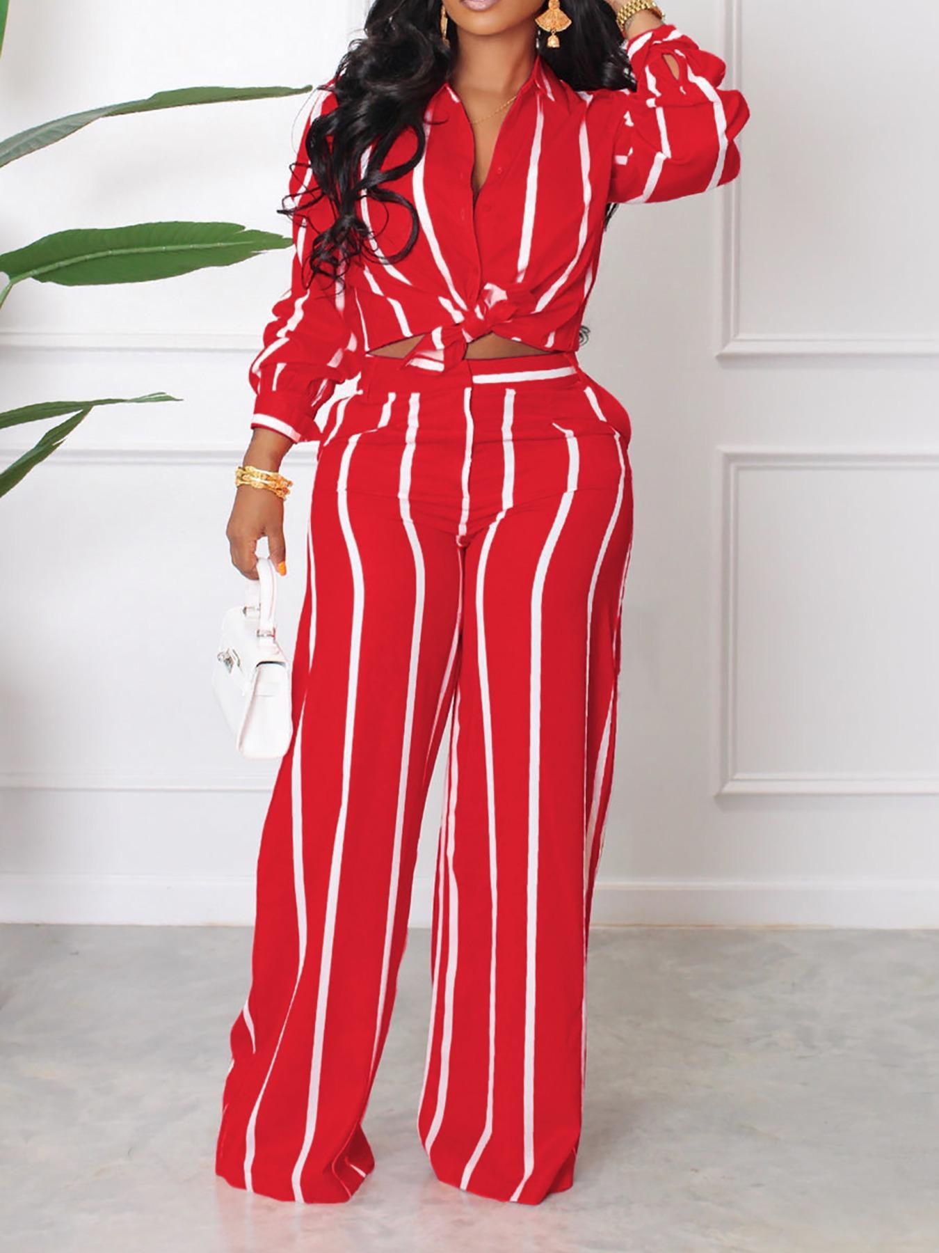 Women's Striped Print Button Front Shirt & Wide Leg Pants, Chic Elegant Casual Fitted Long Sleeve Collared Shirt & Trousers Set for Fall, Ladies Formal Clothes for Work Office Daily Wear, Two Piece Set Women, Casual Summer Set, Suits, Casual Fashion Set