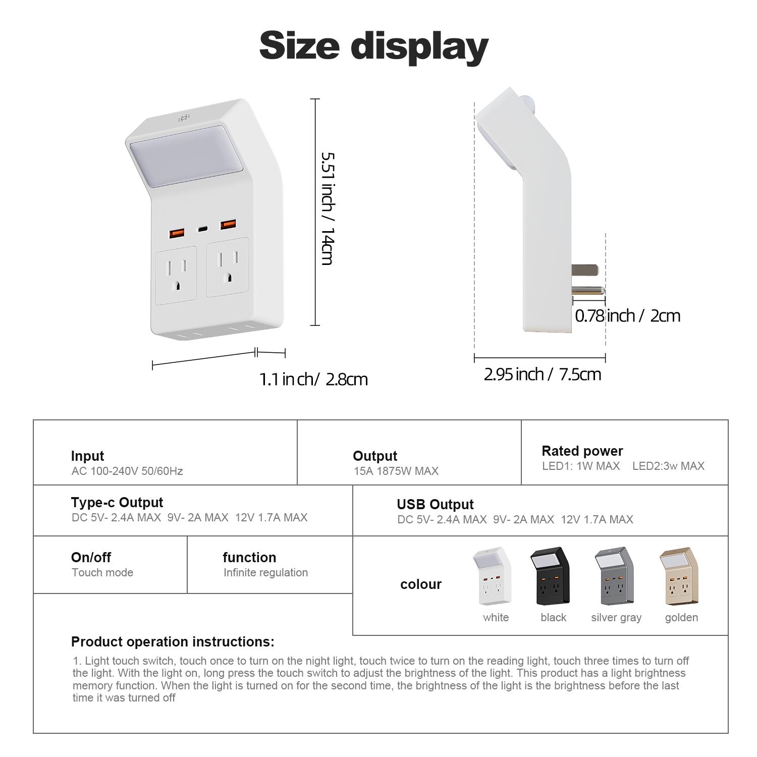 Wall outlet with night light, multi-functional socket converter with protection and extension, featuring 4 AC power sockets, 2 USB ports, and 1 Type-C port, suitable for home, office, and travel use plug