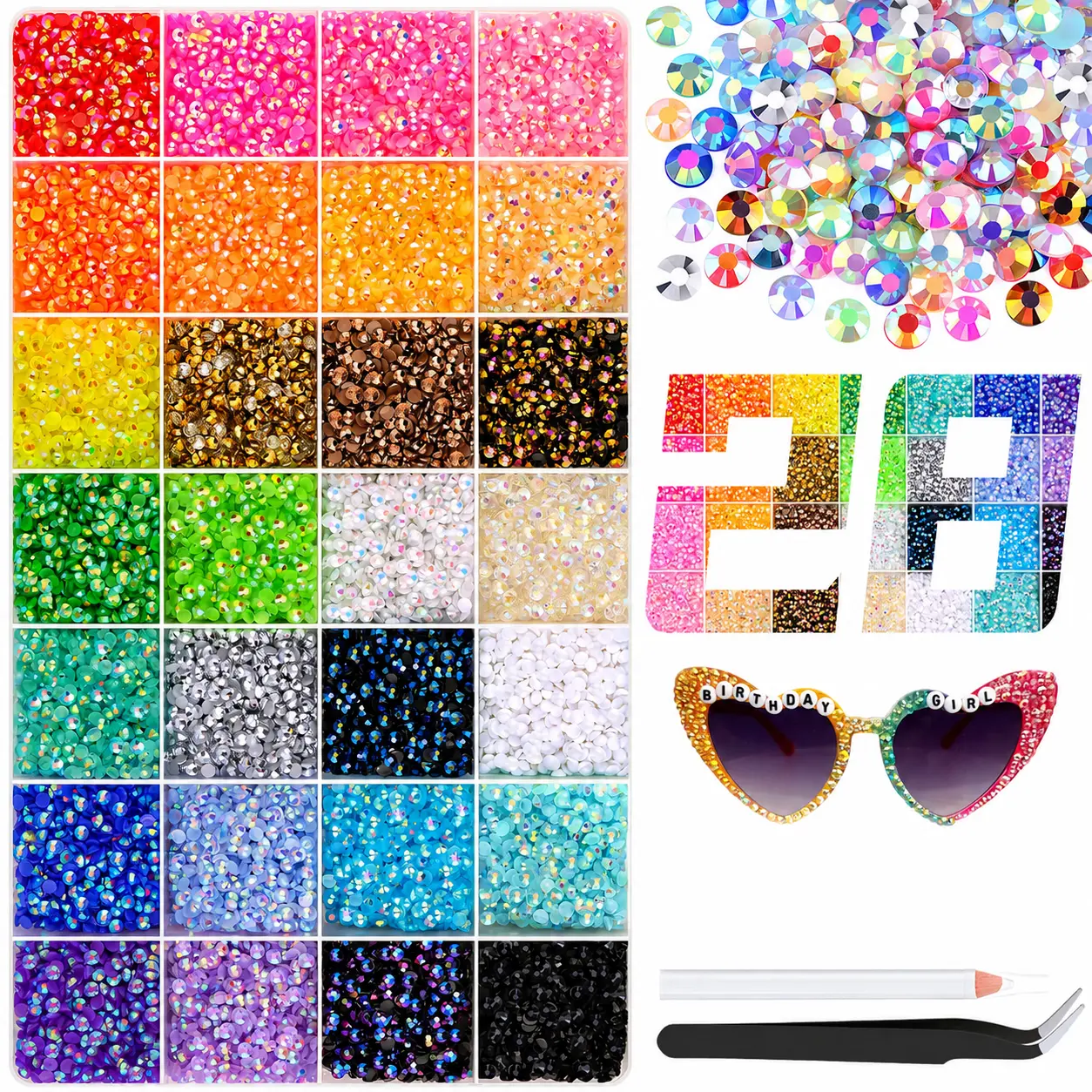 38000Pcs Jelly Rhinestones Bedazzling Kit with 1Pc Jewelry Glue, 28 Colors 3mm Resin Flatback Gems, Bedazzler Kit for Crafting Bling Book Shoes Diamond Art Nail Decor