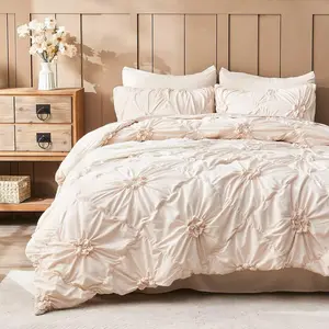 Beige Comforter Set Full Size Bed in A Bag 7 Piece Pleat Bedding Set,Pintuck Ruched Flowers Bed Set with Comforter, Sheets, Pillowcases & Shams