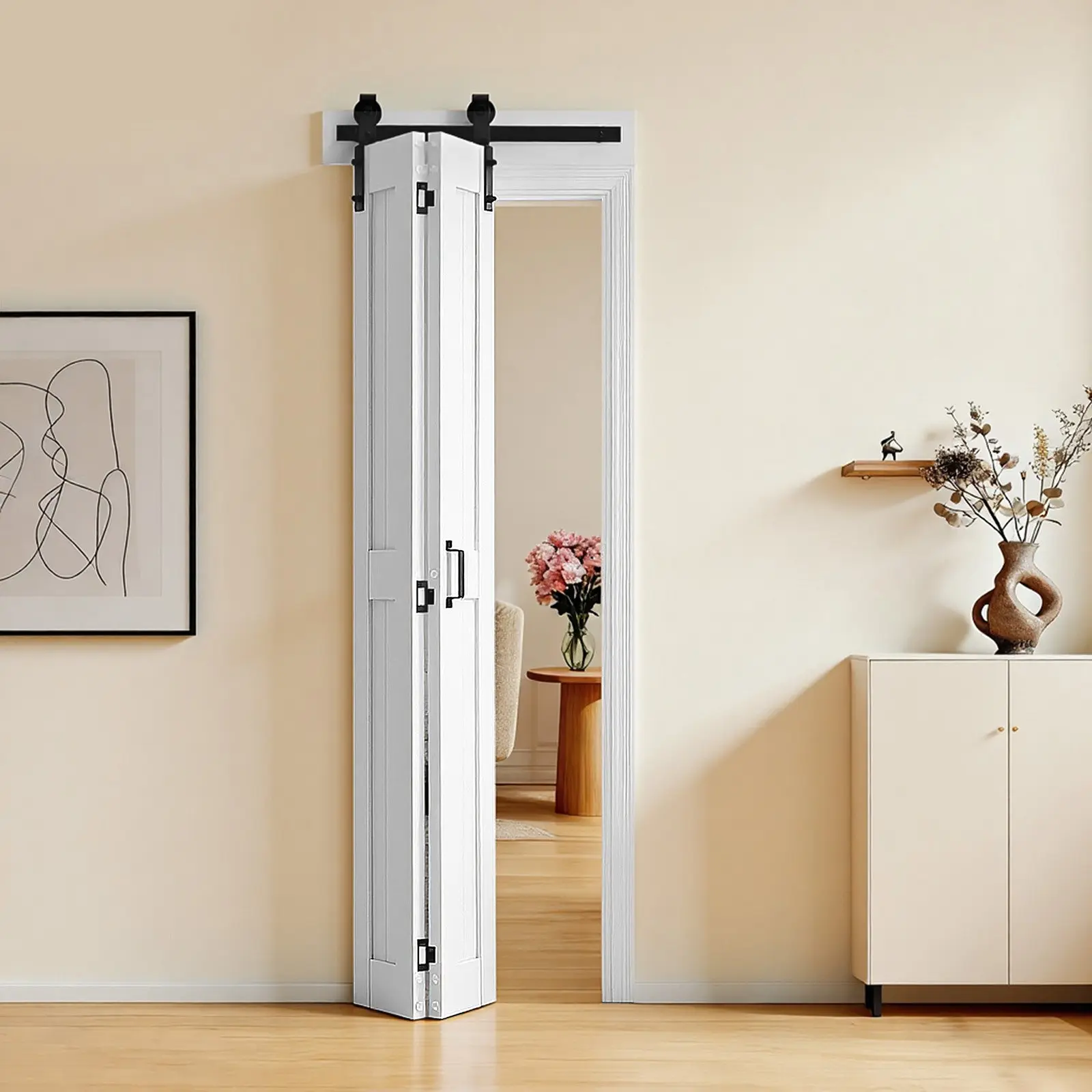 VEVOR 24x84 Inch MDF Bifold Barn Door, H-Frame Space-Saving Sliding Closet Door with Included Hardware Kit, Need to Assemble, for Bedroom, Wardrobe, Room Divider, White