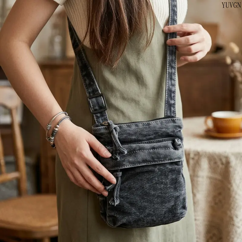 Vintage Washed Denim Crossbody Bag for Women, Mini Drawstring Purse with an Adjustable Strap for Casual Daily Leisure