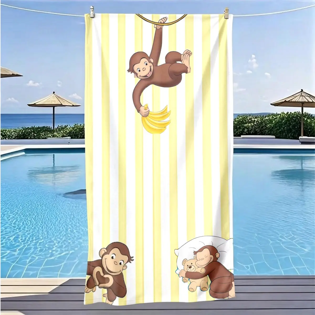 Curious Monkey Striped Beach Towel, Quick-Dry Super Soft Polyester, Multi-Use Yoga Travel Swim Camping, Large Size, Best Gift, Travel Towels
