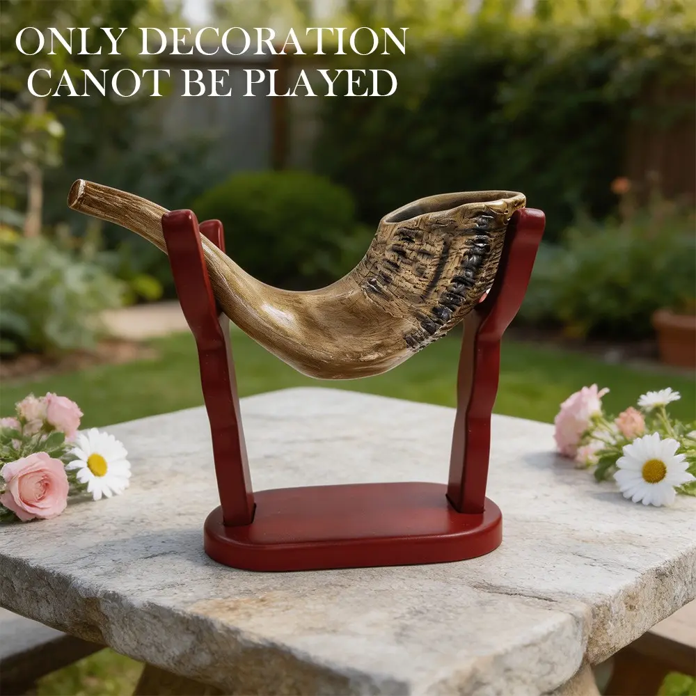 2pcs Set Resin Jewish Shofar & Solid Wood Red Stand, Vintage Religious Style, Realistic 3D Horn Texture, Stable Display Base, Desktop Decor for Jewish Christian Believers, Religious Collectors, Home Synagogue Display & Faith Gift, Religious Decoration