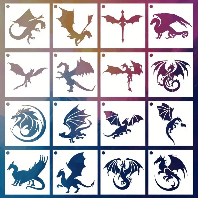 16 reusable dragon-pattern wall decoration templates, plastic spray-paint templates for DIY furniture and room canvas creative decoration