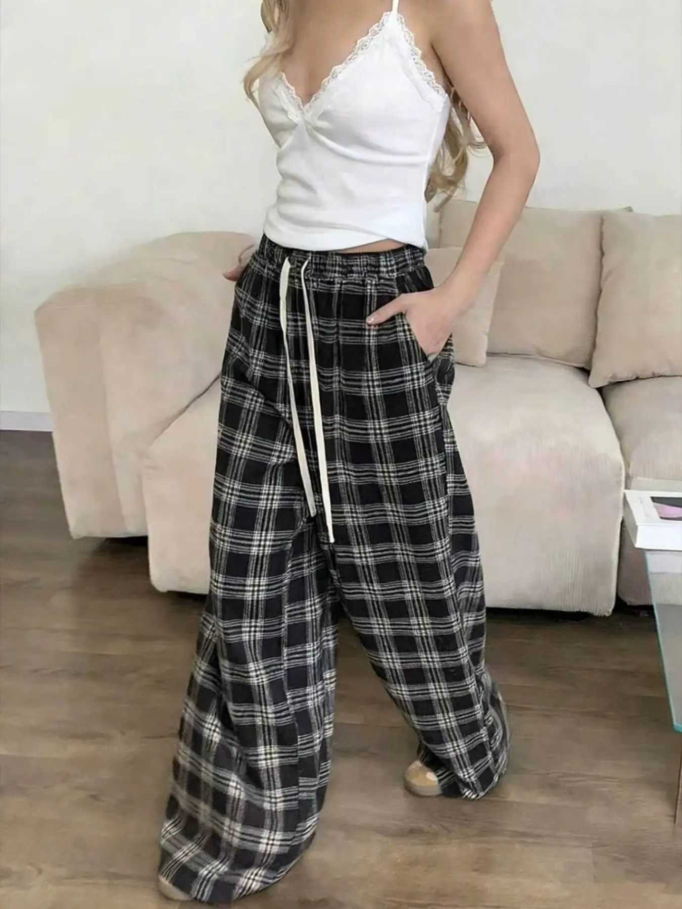 Women's Plaid Casual High-Waisted Drawstring Wide Leg Pants, Loose Fit, Suitable for Outdoor Wear, Spring Summer Autumn