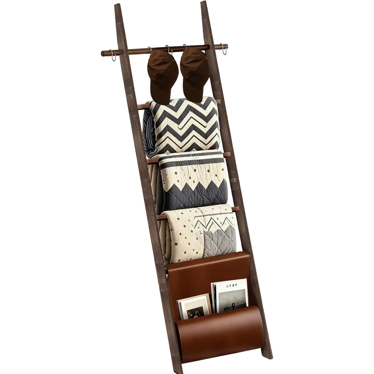 6-Tier Wooden  Blanket Ladder for Living Room Bedroom Brown | with Synthetic Leather Bag, with Removable Hooks Quilt Towel Rustic Ladder Decor
