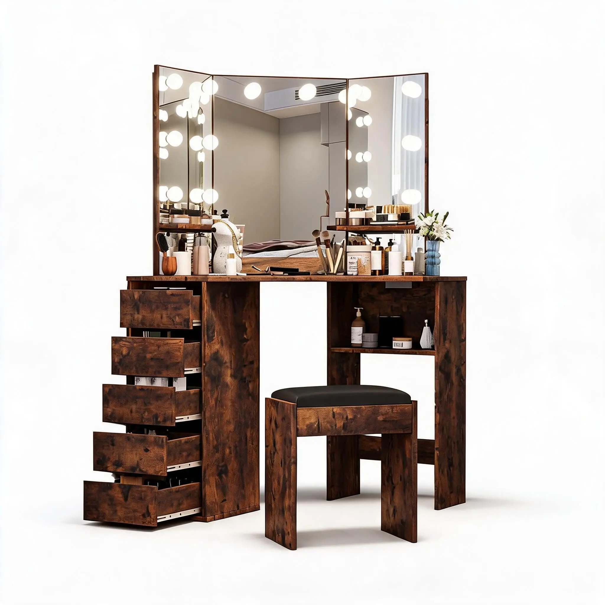 Elegant Corner Vanity Desk and Stool Set with Spacious Mirror and Integrated Lighting, Perfectly Designed to Fit Room Corners, Combining Style and Functionality for Makeup or Dressing Areas