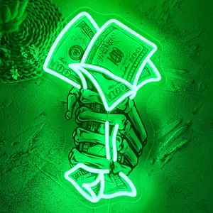 Printed hand grabbing dollar bill pattern design LED light up decoration neon light USB powered home bedroom living room office game room bar man cave birthday party wall hanging art novelty decorative light