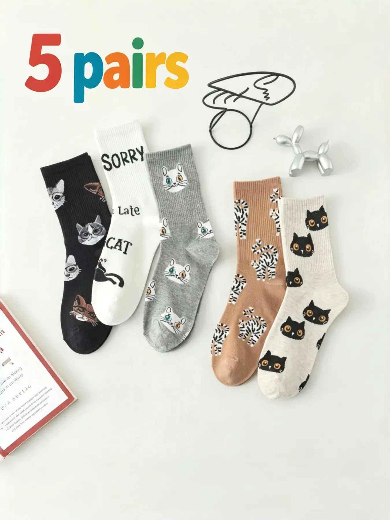 Cute Cat Theme 5/10 Pairs Set, High Quality, Soft and Versatile, Unisex Daily Wear, Breathable and Sweat-Wicking, Suitable for All Seasons