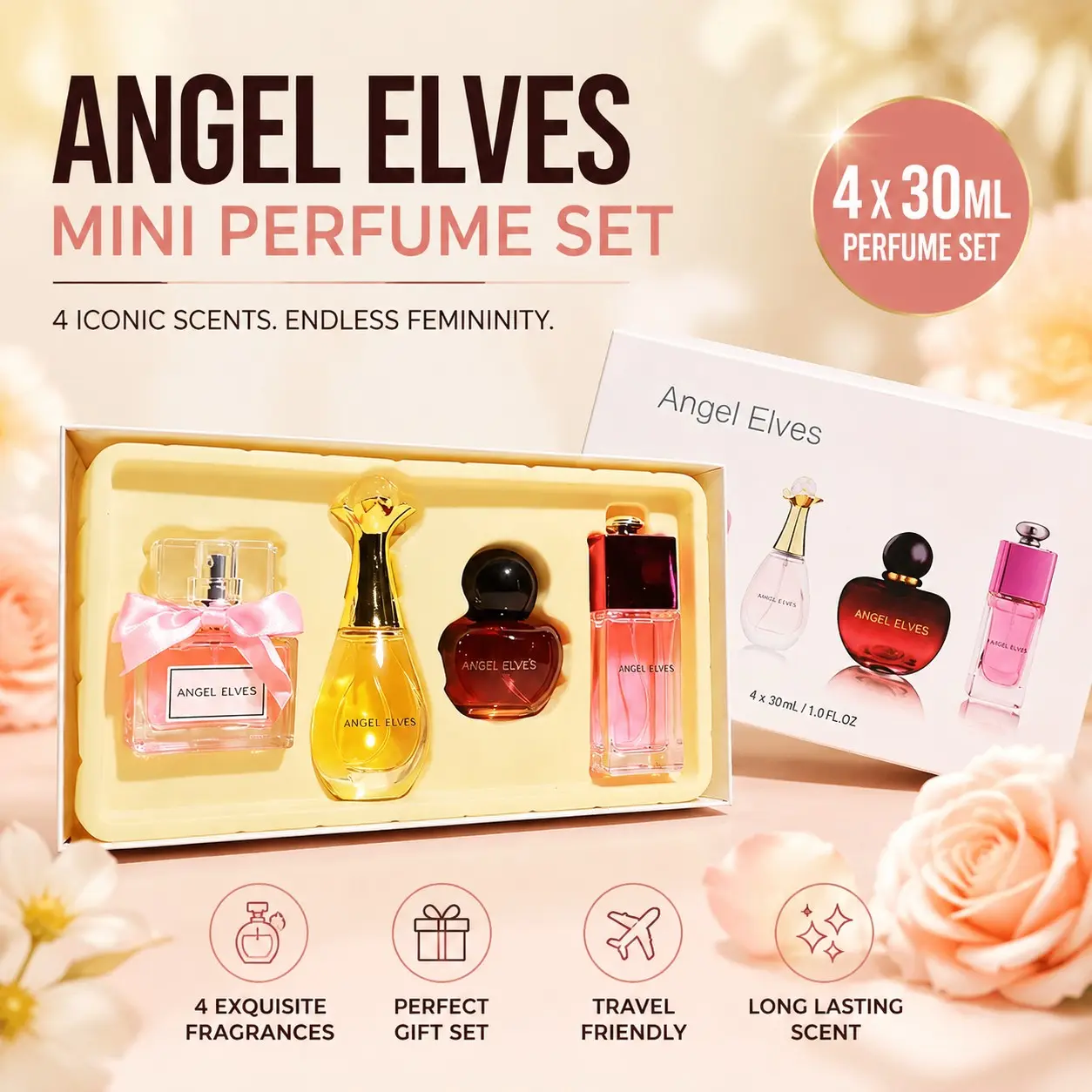 Women's 4-In-1 Perfume Set, Fresh Floral Scent, Long-Lasting Fragrance, Perfect Gift for Valentine's Day, Parties, Dates, Holidays