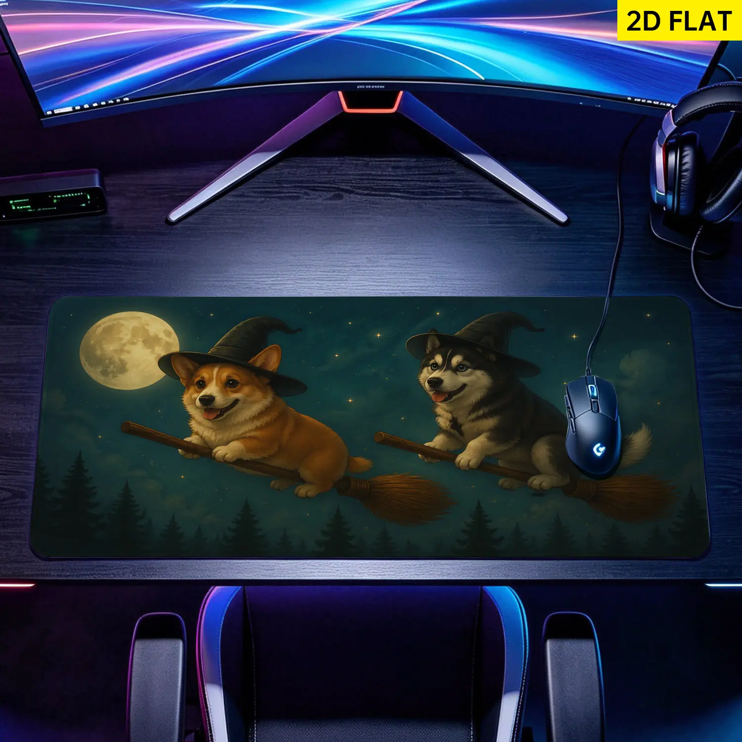 Extra Large corgi and husky dog riding broomstick Mouse Pad,Non Slip Rubber Pad,Desktop Decoration Drotection Pad,Washable,Lock Edge Multi Size,Premium Multipurpose Mousepad For Home,Office,Gift for Family and Friends