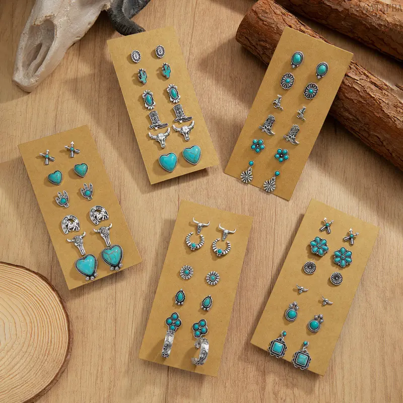 Unisex Retro Vintage Ethnic Alloy Earring Set - Turquoise Flowers, Bull Head, Cactus Designs - No Hoop Earrings for Daily Commute (Sports & Outdoor Accessory),back to school,back to school haul