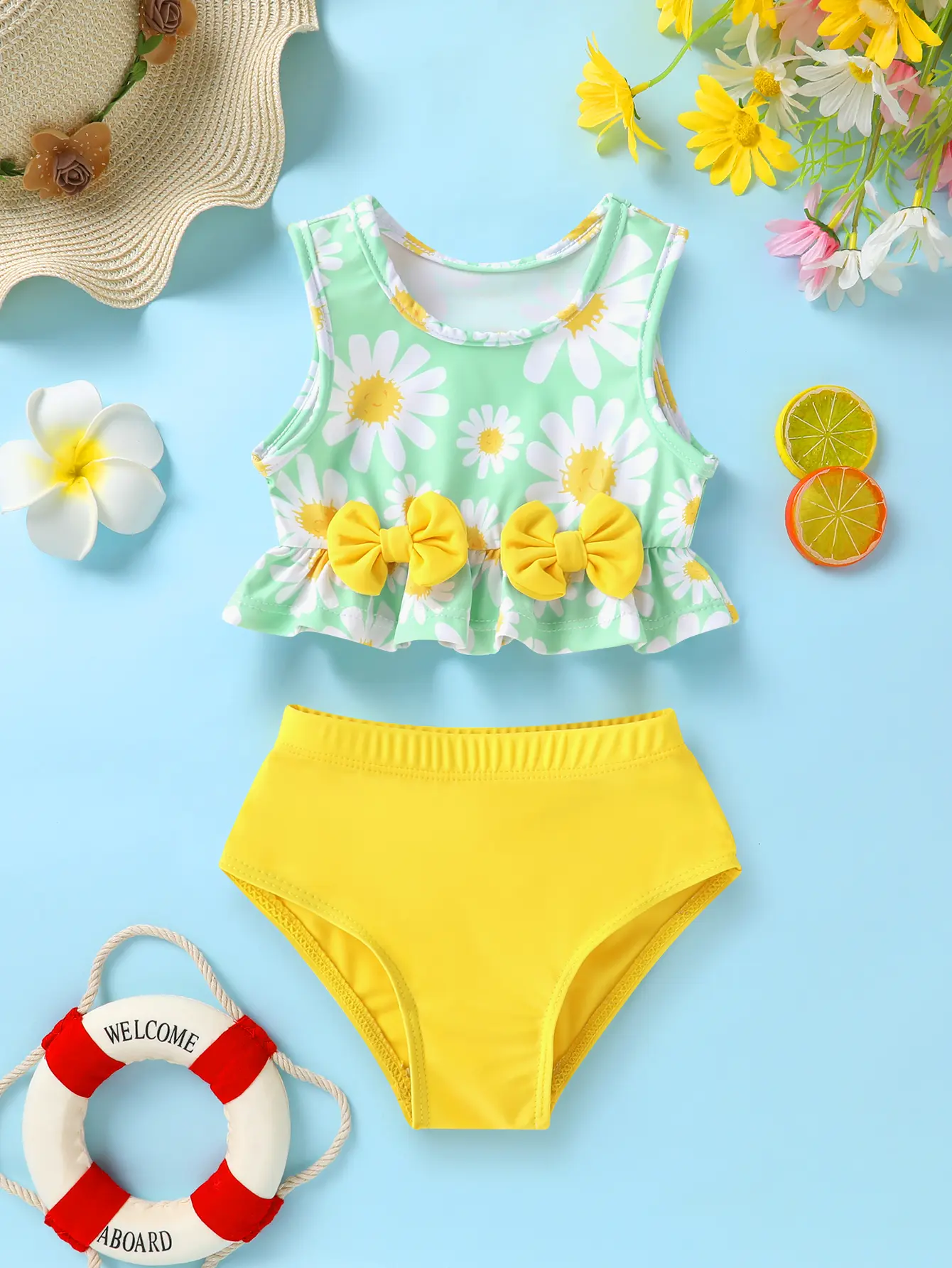 Girls' 2-Piece Floral Prints Swimwear Set, Elegant Stretchy Knit Swimsuit Style with Bow Detail, Soft Toddler Bathing Suits for Pool & Beach, 2-7 Yrs Children's Swimwear