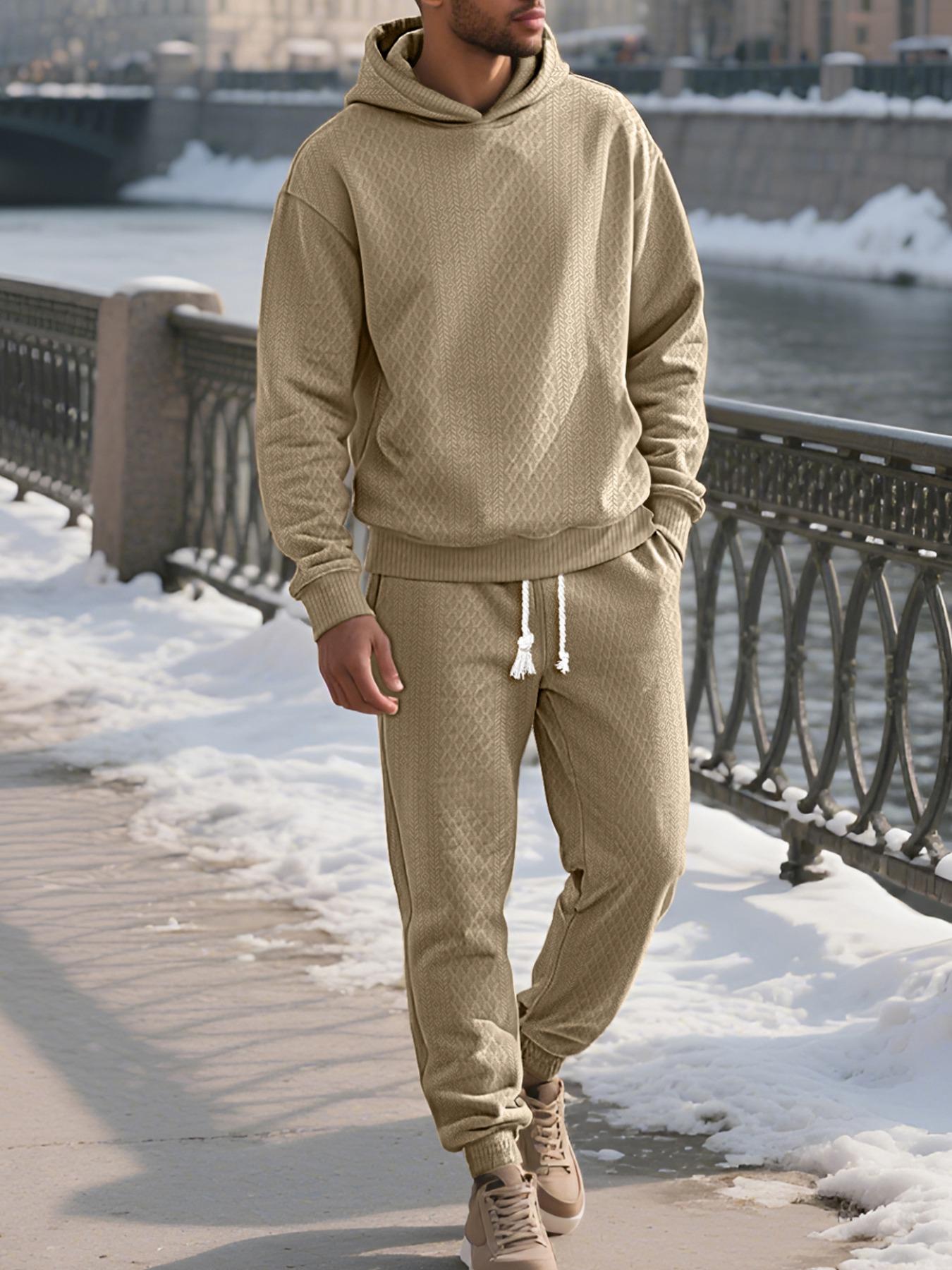 Two-piece men's solid color hooded sweatshirt and drawstring pants set, jacquard texture casual long-sleeved top with long pants autumn and winter men's clothing set, sportswear jumpsuit, Fall outfit, Sweatsuit Sets