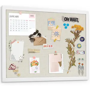 White Cork Bulletin Board with Linen 18" X 24", Large Framed Corkboard for Wall,  Pin Board Picture Board for  Office Decor, Cute Vision Board with Pushpins
