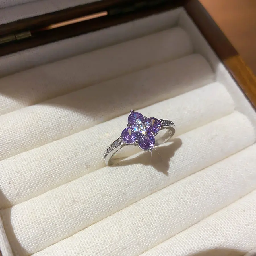 DOUX Purple Crystal Flower Ring for Women – Silver-Tone Four-Petal Floral Statement Ring