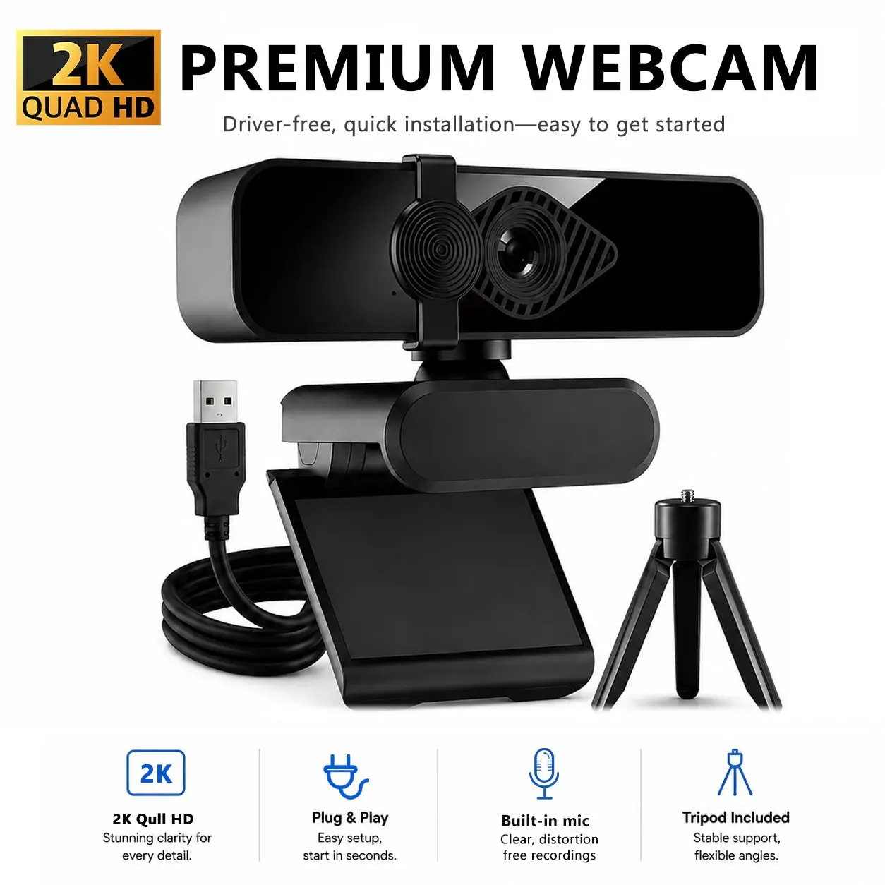 2K HD Auto Focus Webcam Streaming Camera with Tripod Stand Noise Canceling Microphone Privacy Cover USB Plug&Play Web Camera for Live Streaming Gaming Online Teaching Zoom Meeting Laptop PC