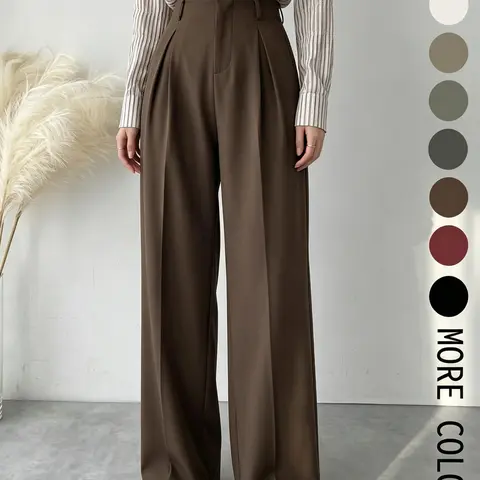 【Black Friday】Women's Solid Color Pleated Wide-Leg Pants with Pockets, Elegant Zipper Fly Trousers for Work, Office & Business, Ladies Spring & Fall Clothing