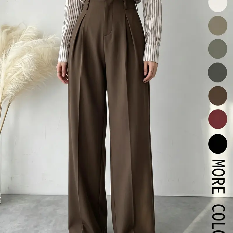 【Black Friday】Women's Solid Color Pleated Wide-Leg Pants with Pockets, Elegant Zipper Fly Trousers for Work, Office & Business, Ladies Spring & Fall Clothing