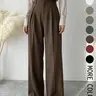 【Black Friday】Women's Solid Color Pleated Wide-Leg Pants with Pockets, Elegant Zipper Fly Trousers for Work, Office & Business, Ladies Spring & Fall Clothing