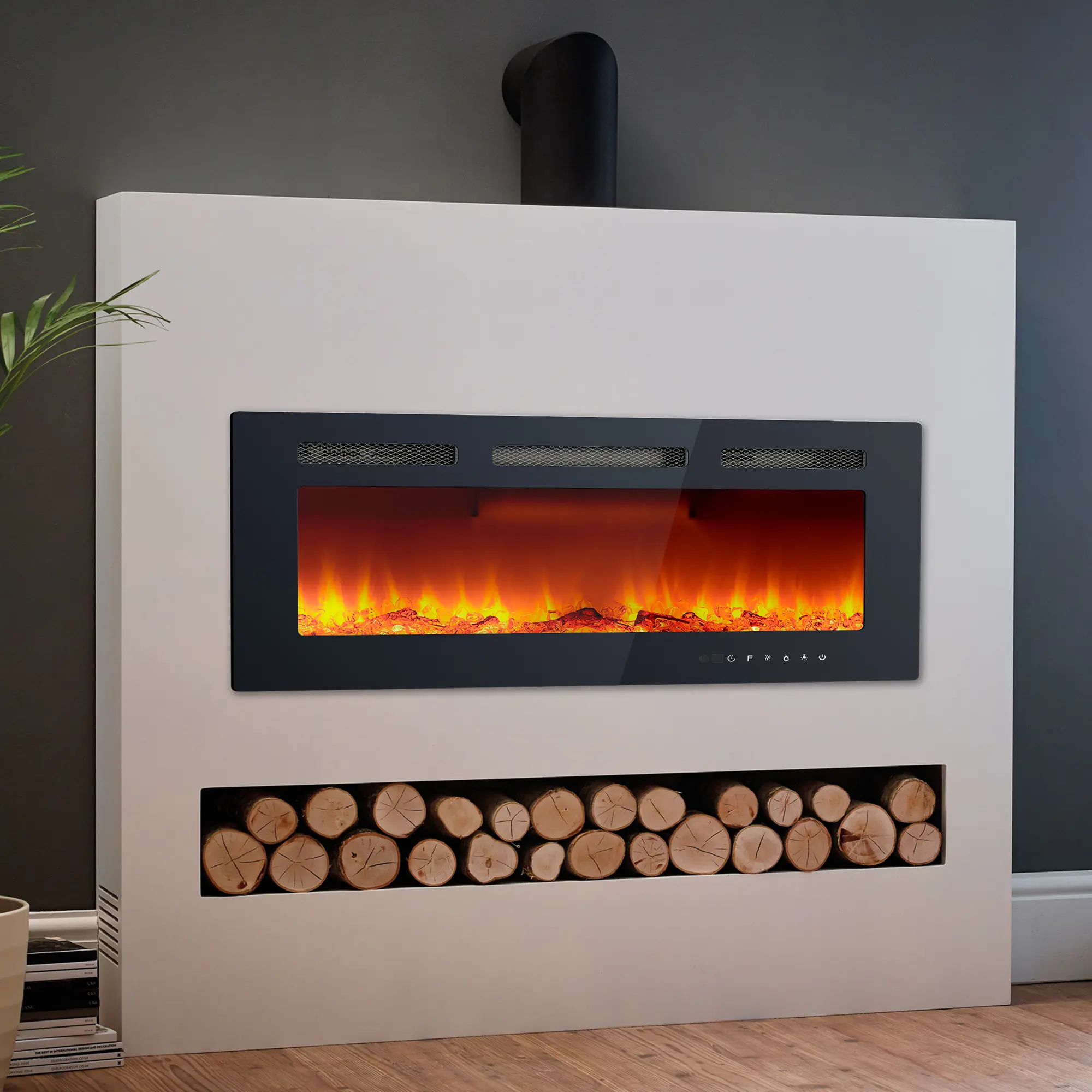 40in Ultra-Thin Electric Fireplace Insert, Wall Mounted & Recessed - Remote + Touchscreen - 12 Flame & Ember Color Effects, Adjustable Thermostat - 750/1500W Dual Heat - Black Tempered Glass