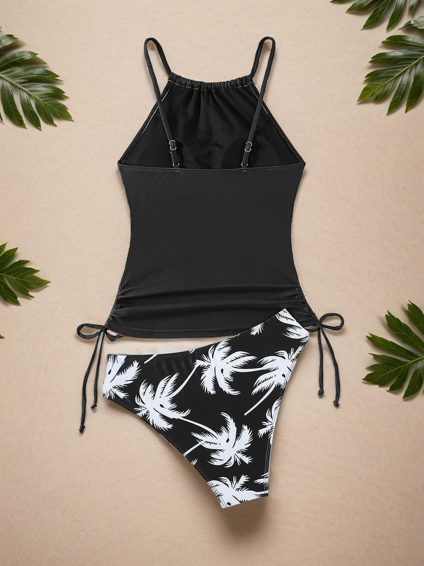 Two-Piece Set Summer Women's Coconut Tree & Letter Print Tankini Swimsuits, Summer Tummy Control Swimwear 2024, Casual Drawstring Ruched Tie Side Swim Top & Drop Waist Swim Panty, Swimsuit for Women, Bathing Suits Women, Leaf Print Tankini