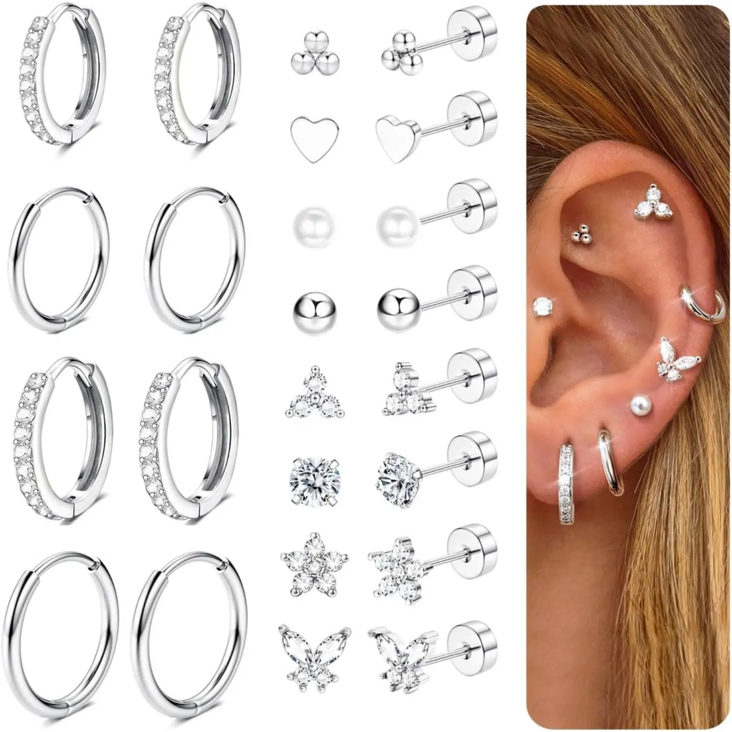 Fansilver Women's 12-Pair Hypoallergenic 316L Surgical Steel Flat Back Earrings, Including Hoop, Stud & Sleeper Styles for Sensitive Ears, Cartilage Tragus Helix Piercings, Hoop/Studs