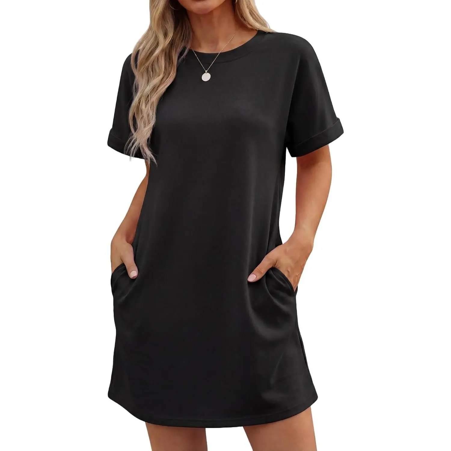 Women's Minimalist Basic Short-Sleeve Casual Wear T-Shirt Dress with Pockets, Wrinkle-Resistant Above-Knee Shift Dress for Teachers, Teacher, Shortsleeve