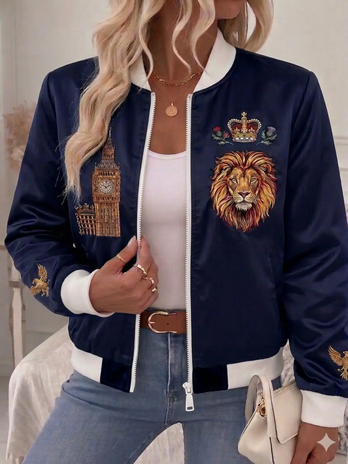 Women's Stand Collar Zipper Casual Baseball Jacket Coats, Navy Glossy British Lion Crown Big Ben Eagle Print, Long Sleeve Lightweight Retro London Streetwear Outerwear
