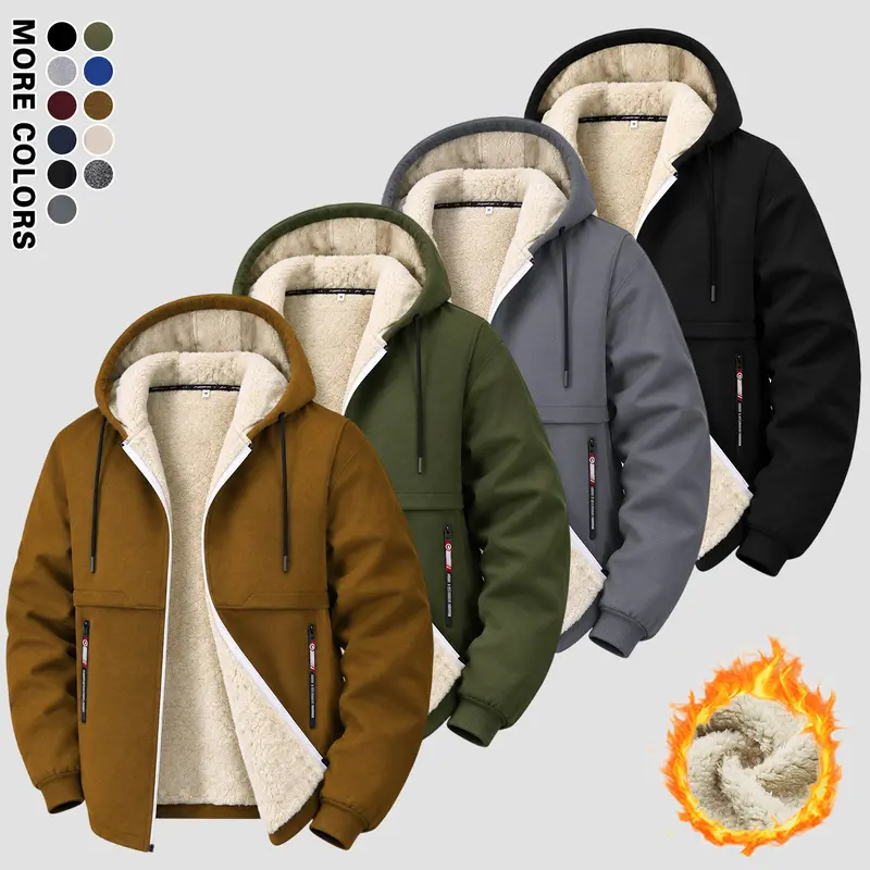 Men's Plain Thick Plush Hooded Zip-Up Long Sleeve Warm Coat - Menswear Casual Sports Outdoor Top with Warm Layers