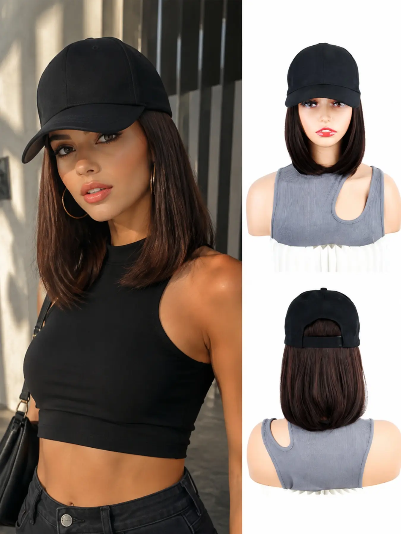 12 Inch Baseball Cap Wig for Women, Synthetic Straight Hair with Adjustable Hat, Short Hair Extension Integrated Cap Design, Natural Looking Easy Wear Hairpiece