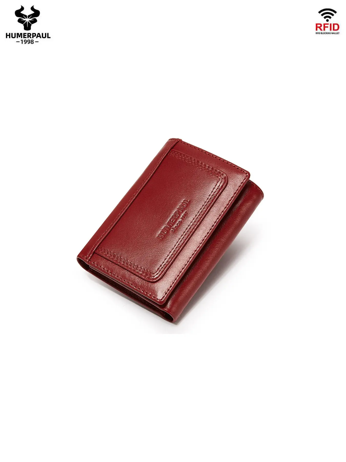 HUMERPAUL Women Fashion Leather Cowhide Wallet RFID Blocking Three-Fold Design Multiple Card Slots Photo Window Portable Travel Gift