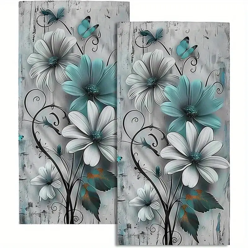 Set of 2 farmhouse-style kitchen towels, 16" x 24", turquoise; featuring a print of distressed wood grain, blue and white daisies, and butterflies; absorbent vintage-style watercolor floral tea towels, Kitchen Dish Cloths, for drying hands and dishes.