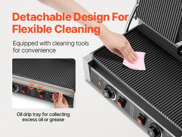 Commercial Panini Grill, 3600W Electric Sandwich Panini Maker, Stainless Steel Double Sandwichs Press with Handle and Temp Control, 19x9 in Full Grooved Enamel Plate, for Hamburger Steak Bacon