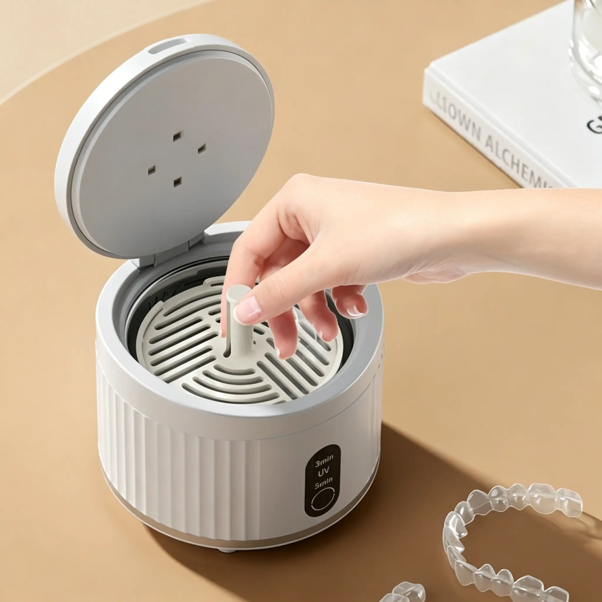 Mini Portable Wireless Ultrasonic Cleaner Appliance for Dentures and Clear Aligners, High-Frequency Vibration, Uva/uvc Disinfection, Compact Design