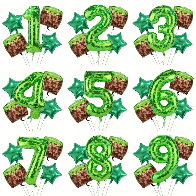 5-piece set 40inch green pixel block number balloons and 22-inch 4D three-dimensional grass block balloons, green star foil balloons set, miner game and pixel style party decoration balloons