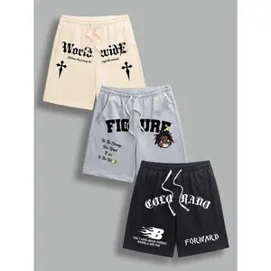3 Pack Mixed Gothic Cross Cartoon Portrait & Colorado Flame Logo French Terry Shorts, Relax Fit X-End Drawstring Elastic Waist Casual Shorts for Y2K Hip-Hop Street & Daily Summer Wear