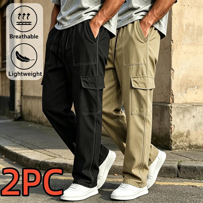 Men's Loose Fit 2-Piece Polyester Trouser - Menswear Work Joggers, Quick-Drying, Breathable, Solid Color, Elastic Drawstring Waist, Multiple Pockets, Machine Washable, All Season, Embroidered