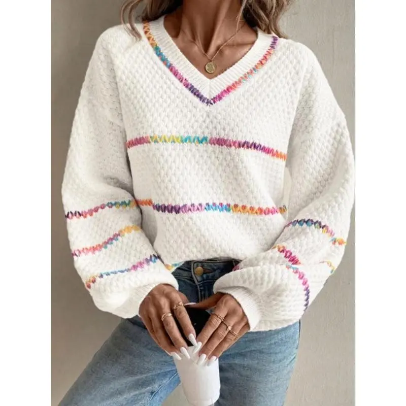 Chic Loose-Fit Ombre Striped V Neck Drop Shoulder Knit Sweater For Women, Casual Fashion for Spring and Fall, Moderate Thickness Sweater