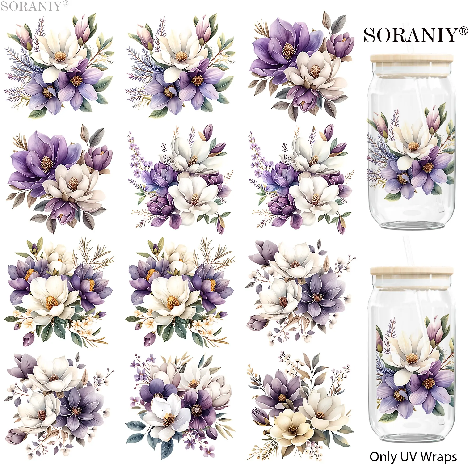 UV DTF Water Cup Transfer Stickers, 12 Flower Theme Waterproof 16oz Glass Mug DIY Stickers, High Adhesive Easy Use Decorations